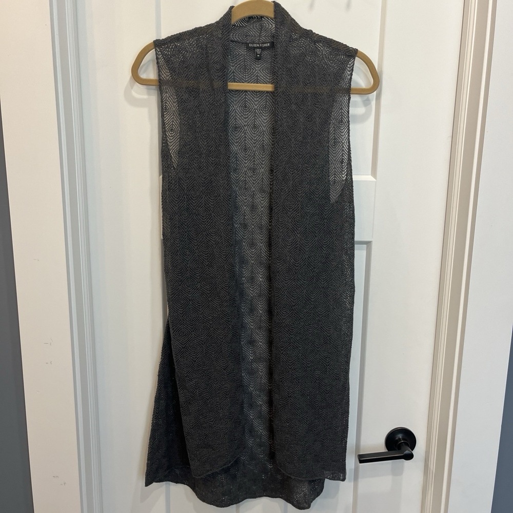 Eileen Fisher Open Front Cardigan 100% Wool Loose Open Knit Size Medium Gray